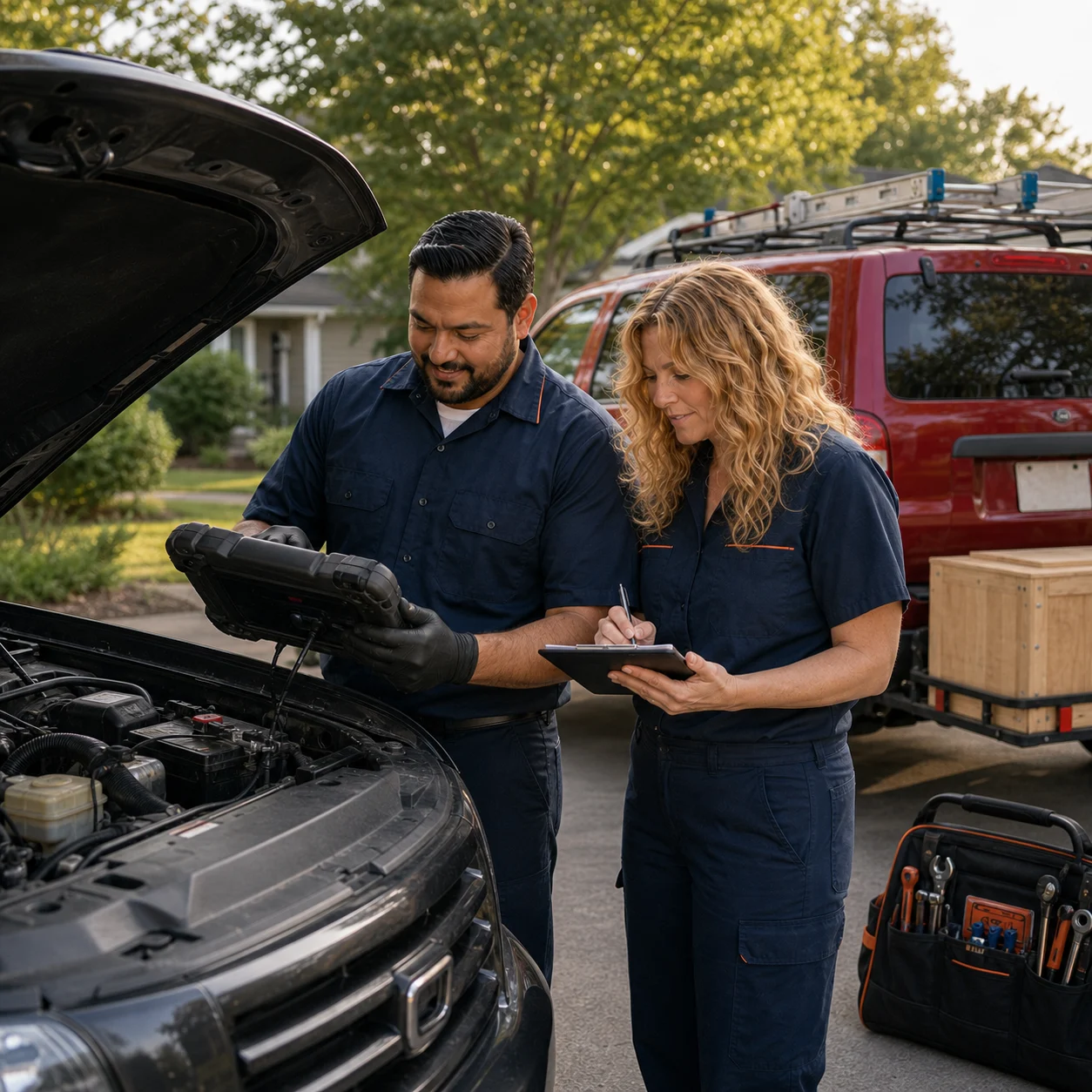 Two MobileMecha technicians standing beside a vehicle during a driveway diagnostic appointment