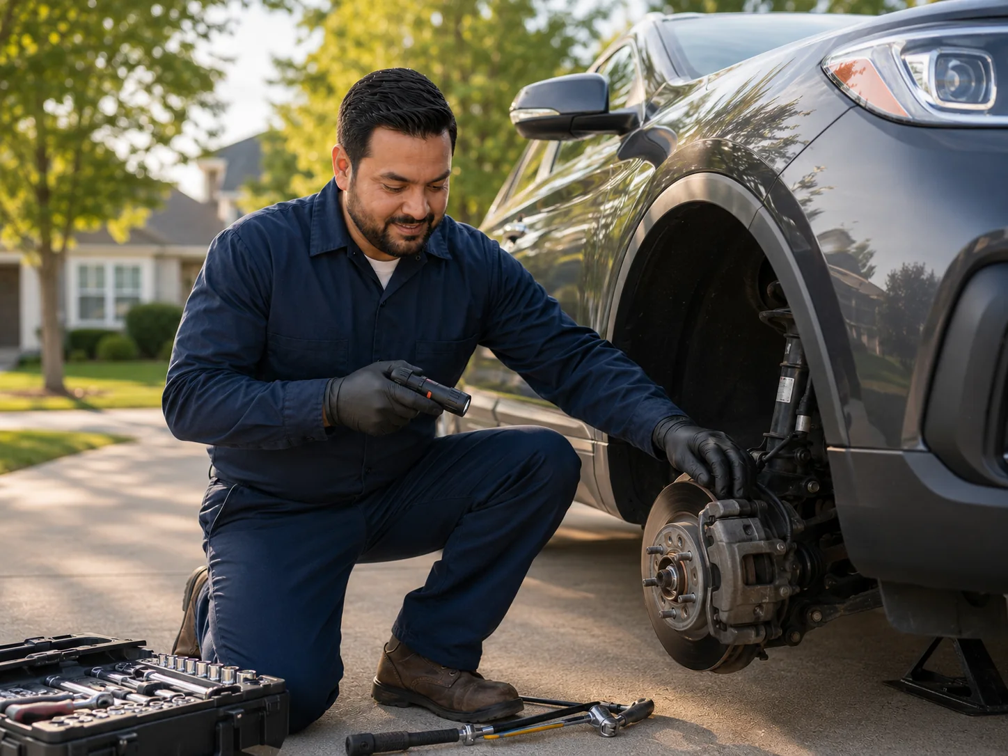 MobileMecha owner inspecting an exposed front brake assembly during driveway service
