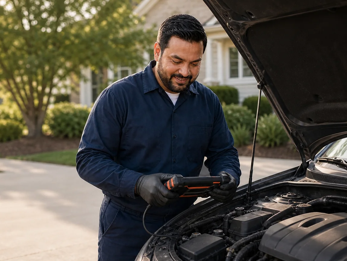 MobileMecha owner using a diagnostic scan tool beside an open vehicle hood