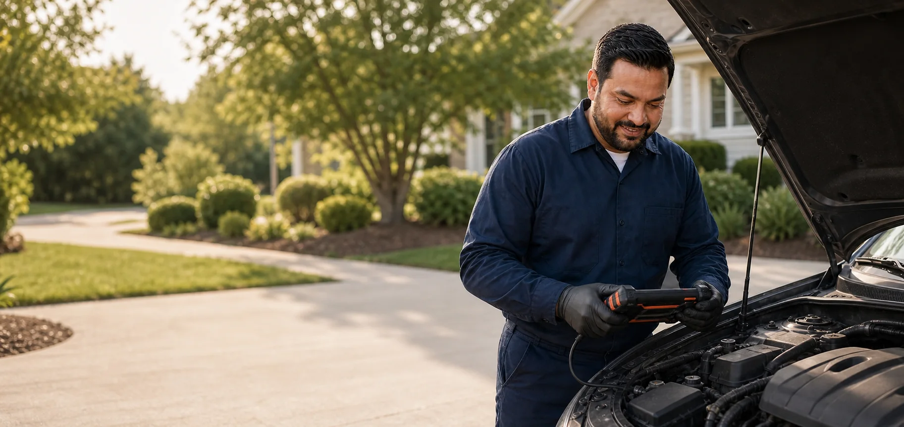 MobileMecha owner using a diagnostic scan tool beside an open vehicle hood