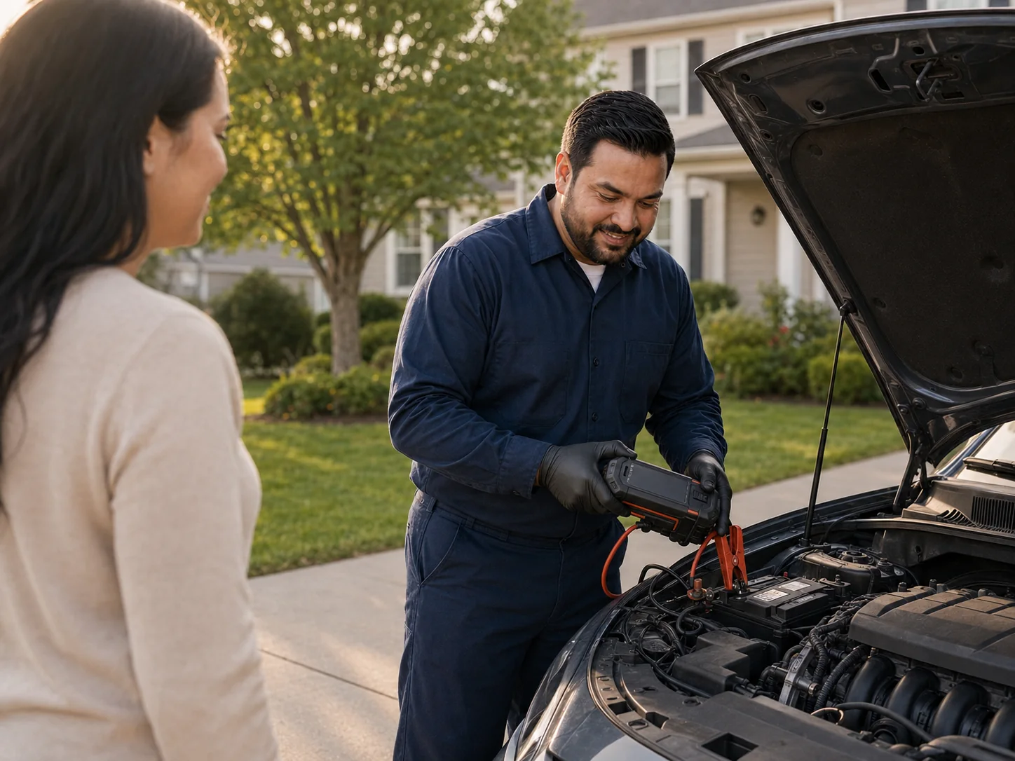 MobileMecha owner testing a vehicle battery during an on-site no-start appointment