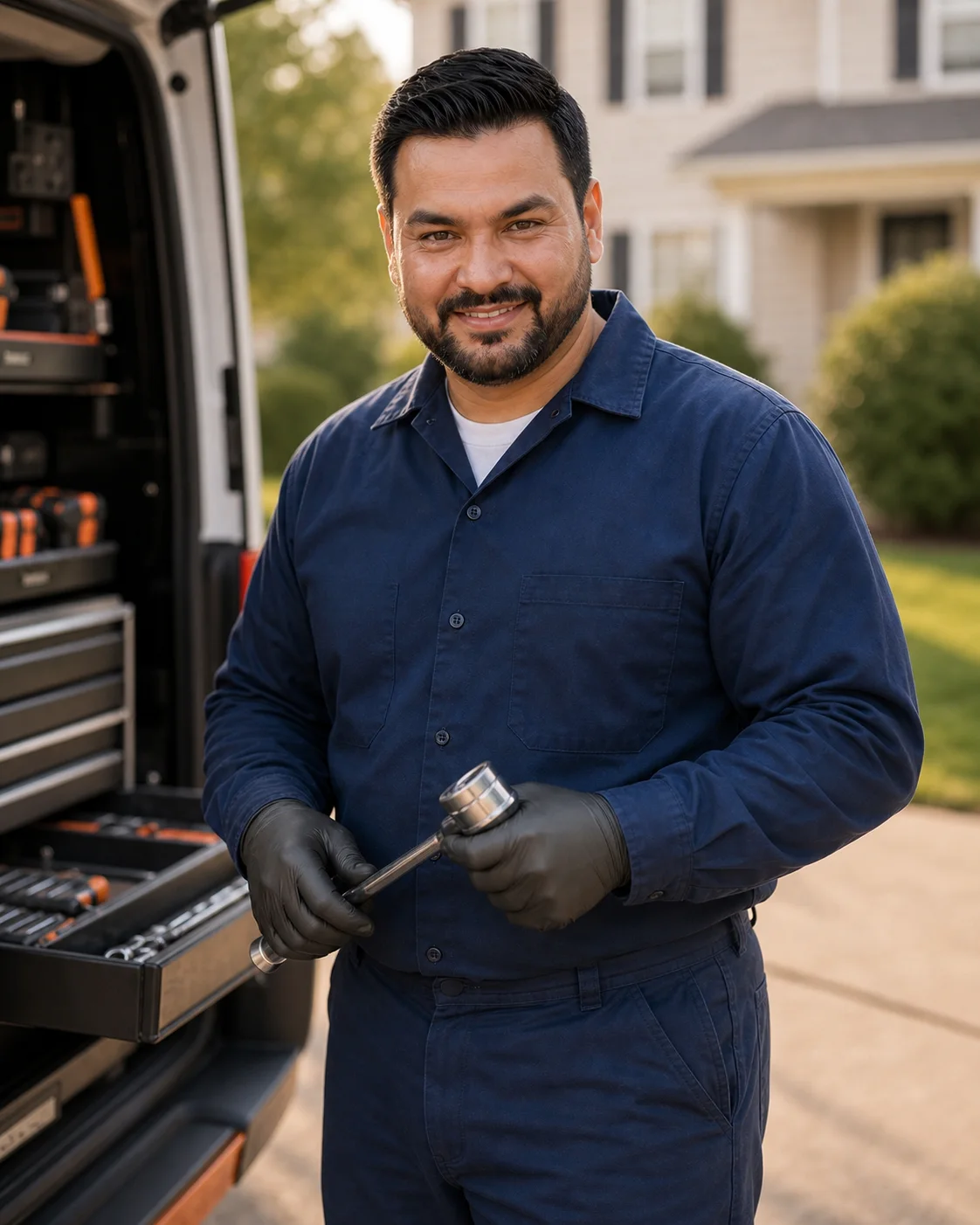 MobileMecha owner and mobile mechanic beside his organized service tools