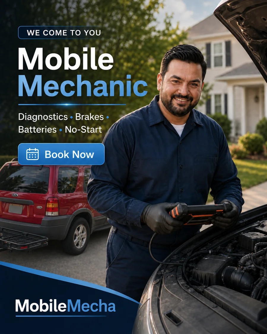 MobileMecha owner-mechanic promoting mobile diagnostics, brakes, batteries, and no-start service