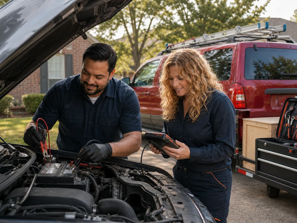 MobileMecha battery and no-start diagnostic beside the red service truck