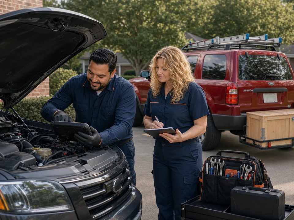 MobileMecha check engine diagnostics with a tablet and red service truck
