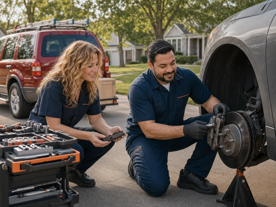 MobileMecha front brake repair beside the red service truck