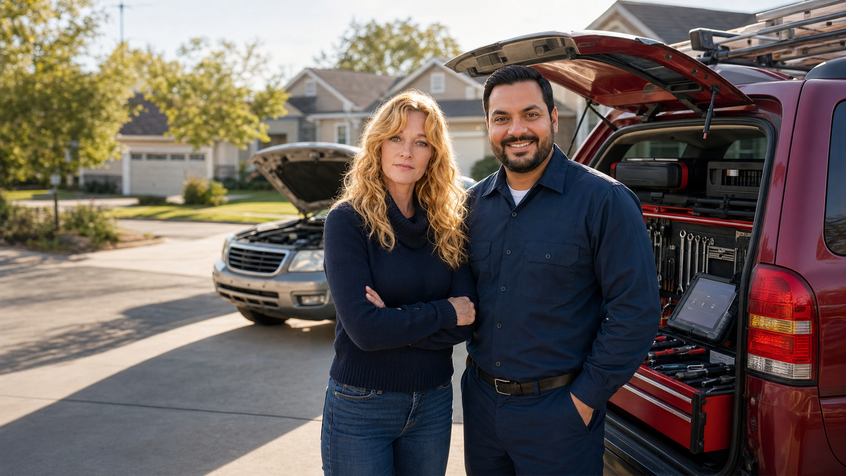 MobileMecha mechanic and customer beside the red service vehicle in a driveway